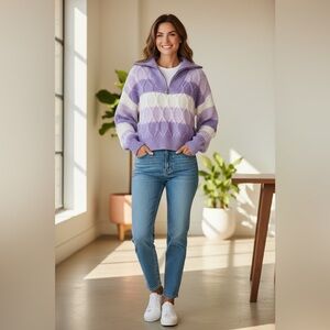 No Boundaries Lavender and White Cowl Neck Sweater